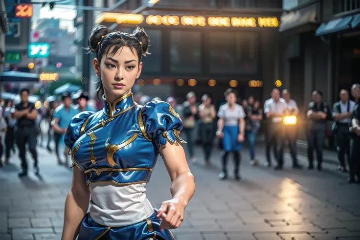 (chun-li, clenched_fist, fighting_game, street_fighter, street fight, celebrating, crowd, street, multiple_others:1.3),
<lora:SF2CL-stasis:1>, (SF2CL:1.0), (chun-li, cute, chinese, asian, hair buns, covered buns, chinese dress, qipao, blue outfit, spiked bracelets, puffy sleeves, thick_thighs, brown pantyhose, white boots:1.0),
(standing:1.5),
(parted_lips, angry:1.2),
<lora:3DMM_V12:0.5>,
intricate, masterpiece, best quality, highly detailed, brown hair, 
(action scene), dreamlikeart, nostalgia, depth of field, dynamic pose, dramatic angle, unreal engine, 8k, highly detailed, photo, photorealistic, hyperrealistic, cinematic lighting, cinematic composition, beautiful lighting, sharp, details, hdr, 4k