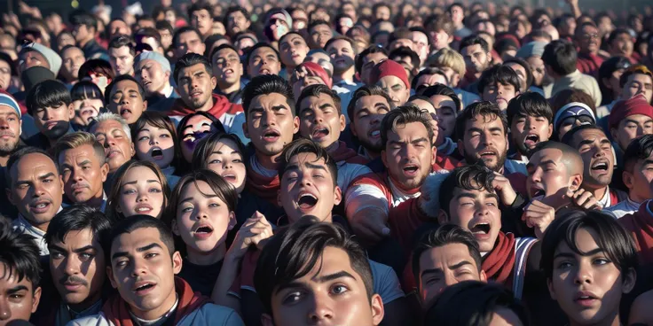 (crowd, multiple_others, multiple_boys, soccer_fans, spectators:1.7),
(parted_lips, happy, smiling, singing, laughing:1.7),
(red_scarf:1.2), (red flags), red_shirt,
<lora:3DMM_V12:0.5>,
intricate, masterpiece, best quality, highly detailed,
(action scene), dreamlikeart, nostalgia, depth of field, dynamic pose, dramatic angle, unreal engine, 8k, highly detailed, photo, photorealistic, hyperrealistic, cinematic lighting, cinematic composition, beautiful lighting, sharp, details, hdr, 4k