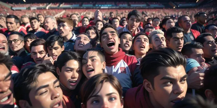 (crowd, multiple_others, multiple_boys, soccer_fans, spectators:1.7),
(parted_lips, happy, smiling, singing, laughing:1.7),
(red_scarf:1.2), (red flags), red_shirt,
<lora:3DMM_V12:0.5>,
intricate, masterpiece, best quality, highly detailed,
(action scene), dreamlikeart, nostalgia, depth of field, dynamic pose, dramatic angle, unreal engine, 8k, highly detailed, photo, photorealistic, hyperrealistic, cinematic lighting, cinematic composition, beautiful lighting, sharp, details, hdr, 4k