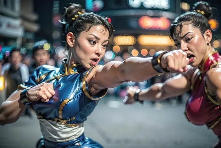 (crowd, multiple_others:1.7),
<lora:SF2CL-stasis:1>, (SF2CL:1.0), (chun-li, cute, chinese, asian, hair buns, covered buns, chinese dress, qipao, blue outfit, spiked bracelets, puffy sleeves, thick_thighs, brown pantyhose, white boots:1.1),
(street, fighting_game, street_fighter, skyline, evening, street fight:1.2),
(punching, clenched_fist:1.1),
(parted_lips, angry, shouting:1.2),
<lora:3DMM_V12:0.5>,
intricate, masterpiece, best quality, highly detailed,
(action scene), dreamlikeart, nostalgia, depth of field, dynamic pose, dramatic angle, unreal engine, 8k, highly detailed, photo, photorealistic, hyperrealistic, cinematic lighting, cinematic composition, beautiful lighting, sharp, details, hdr, 4k