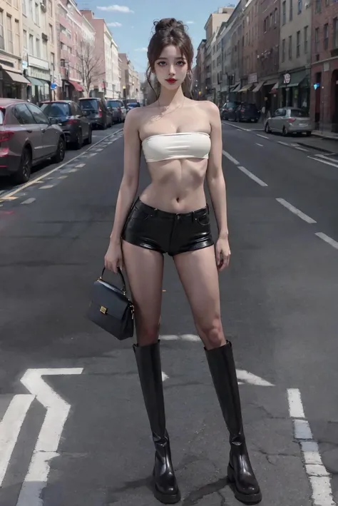 (masterpiece, best quality, absurdres, 8k:1.2), best lighting, complex pupils, detailed background, outdoors,
1girl, lewd, solo, full body portrait, ((wide hip, perfect female figure, medium breasts)), looking at viewer, dynamic pose, handbag, light smile, blush, highly detailed skin, (skindentation), (abs:0.6),
microskirt, beltbra, gray hair, lipstick, eyelashes, hair bun, leather boots, <lora:beltbra_v0.1:0.8>, <lora:microskirt_v0.2:0.8>, <lora:knbotz:0.8>,