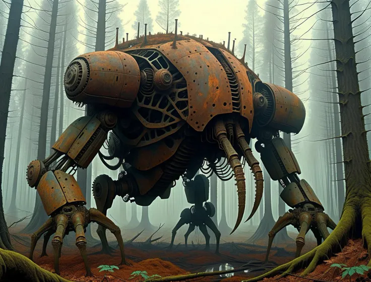 (detailed artwork by zdzislaw beksinski:1.3), A gigantic, rusting mechanical creature lying dormant in a forest, (dystopian surrealism:1.1) extremely detailed, wide angle shot, , <lora:add-detail-xl:4>,
OverallDetail
