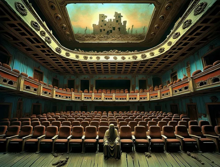 (detailed artwork by zdzislaw beksinski:1.3),  A dilapidated theater with ghostly figures seated in the audience,  extremely detailed, wide angle shot,  apocalyptic nightmare,    <lora:add-detail-xl:4>,
OverallDetail