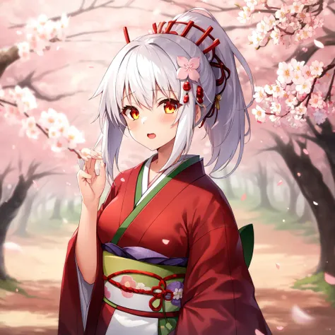 1girl, ((red hair and white hair)), cherry blossoms, flower, hair flower, hair ornament, headgear, high ponytail, himeyamato, japanese clothes, karaginu mo, kimono, layered clothes, layered kimono,  standing in a forest of cherry blossoms, blurred background
 <lora:Enhance_Style:0.5>