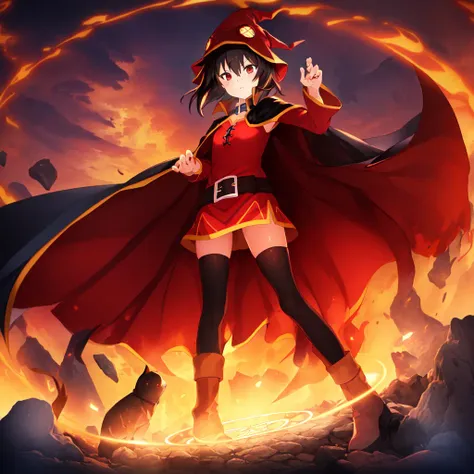 ((detail_fantacy_background), (standing_on_mountain), (building), (colorful_magic_circle), (magnificent_background),  (focus_beatiful_background):1.3), (figure_far_away_from_the_viewer), (full_body), megumin(konosuba), ((red_clothes))(long_sleeve), delicate_face, detail_eyes, black_belt, black_hair, (black_legwear), black_cape, cape_collar, ((wizard_hat)),  small_breast, short_hair, (brown_boots),(good_hands), (good_fingers) ,(extremely_detail:1.3), masterpiece <lora:Enhance_Style:0.7>