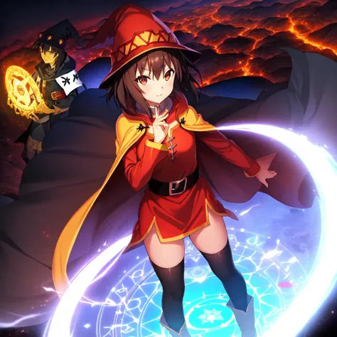 ((detail_fantacy_background), (standing_on_mountain), (building), (colorful_magic_circle), (magnificent_background), (focus_beatiful_background):1.3), (figure_far_away_from_the_viewer), (full_body), megumin(konosuba), ((red_clothes))(long_sleeve), delicate_face, detail_eyes, black_belt, black_hair, (black_legwear), black_cape, cape_collar, ((wizard_hat)), small_breast, short_hair, (brown_boots),(good_hands), (good_fingers) ,(extremely_detail:1.3), masterpiece <lora:Enhance_Style:0.7>