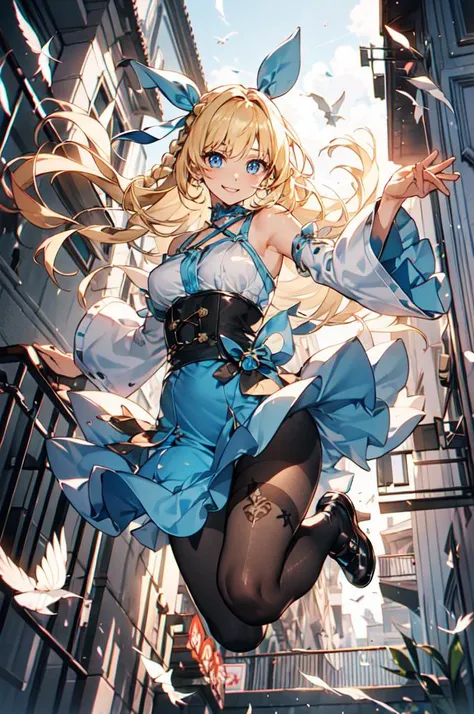 girl with bow on her head,Long blonde hair,blue color eyes,White lace underwear,Fighting posture,Holy,Best quality at best,exposing her big breasts,mini-skirts,Gorgeous church background,Extremely detailed,Lift up the white pliers