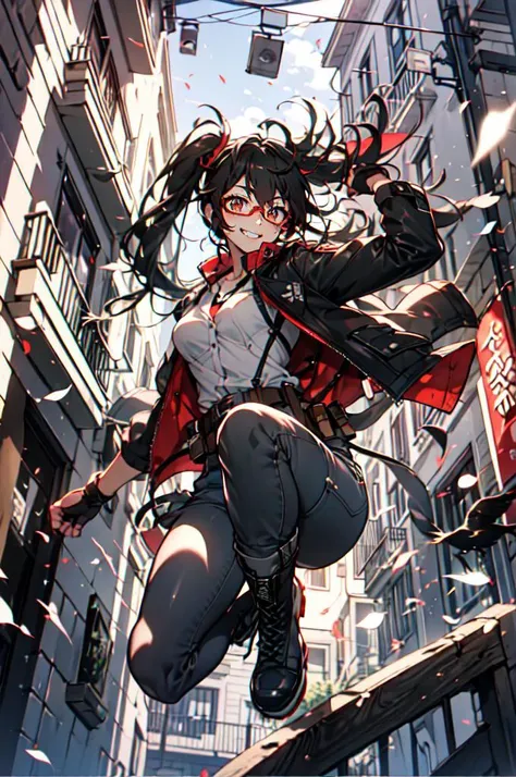 <lora:jumping_20231104021123:0.8> jumping, shell casing, light particles,, ultra detailed, masterpiece, best quality, aesthetic, detailed,, solo, smug smile, 1girl, purple eyes, red-framed eyewear, (black hair, red colored tips:1.2), red streaked hair, very long hair, side ponytail, tied hair, medium breasts,, <lora:StS-Coat-and-Jacket-On-Shoulders-Iteration2:0.7> dataset, jacket on shoulders, coat on shoulders, red dress, sleeves rolled up, fingerless gloves, holster, belt, multiple belts, combat boots, bulletproof vest, pants, black coat, tactical clothes,