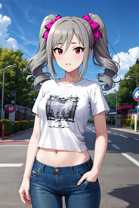 masterpiece, best quality, highres, aaranko, long hair, twintails, twin drills, hair bow, medium breasts, <lora:kanzaki_ranko_v1:0.7>, t-shirt, white shirt, clothes writing, midriff, jeans, hands in pockets,