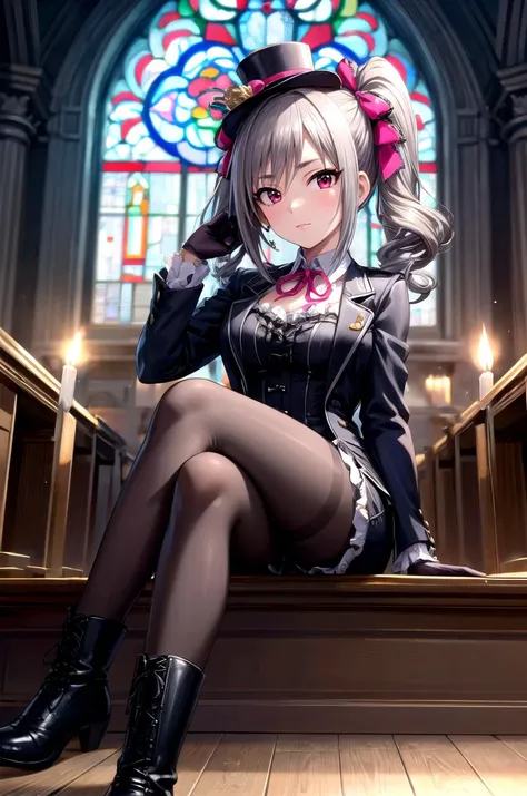 (masterpiece, best quality, detailed), 1girl, solo, looking at viewer, <lora:kanzaki_ranko_v1:0.7>, aaranko, long hair, twintails, twin drills, hair bow, medium breasts, kodona, collared shirt, hat bow, frills, long sleeves, top hat, jacket, shorts, indoors, church, sunlight, light rays, (light particles), sitting, crossed legs, full body, neck ribbon, frilled collar, pantyhose, gloves, stained glass, window, altar, candle, thighs, boots, backlighting, closed mouth