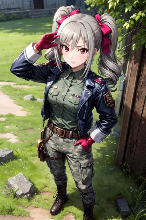 (masterpiece, best quality, detailed), 1girl, solo, looking at viewer, <lora:kanzaki_ranko_v1:0.7>, aaranko, long hair, twintails, twin drills, hair bow, medium breasts, soldier, military, long sleeves, military uniform, camouflage, combat helmet, helmet, ruins, outdoors, overgrown, post-apocalypse, hands in pockets, head tilt, gloves, pants, belt, pouch, rubble, vines, from above, full body, serious, closed mouth