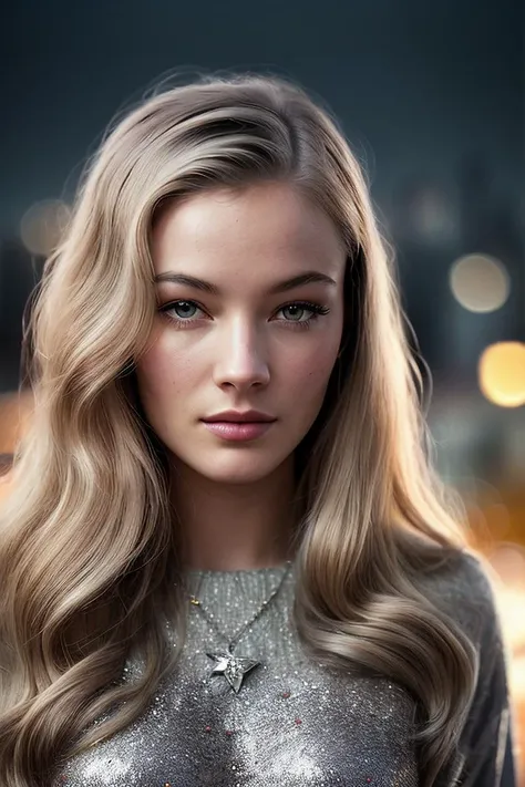 beautiful woman (EPV3r0n1c4L4k3:.99), perfect hair, jewellery, ((portrait)), (closeup:1.2), ((from the waist up)), ((( A modern city skyline at twilight, lights twinkling like far-off stars :1.2 ))), natural skin texture, (( Velour Sweatshirt :1.2)), 24mm, 4k textures, soft cinematic light, adobe lightroom, photolab, hdr, intricate, elegant, highly detailed, sharp focus, ((((cinematic look)))), soothing tones, insane details, intricate details, hyperdetailed, low contrast, soft cinematic light, exposure blend, hdr, faded, now, ("I've got a bad feeling about this.":1.1)