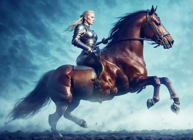 photo of a sks woman riding a medieval war majestichorse wearing heavy battle armor,  standing on two feet, (charging in the battlefield), epic (photo, studio lighting, hard light, sony a7, 50 mm, hyperrealistic, big depth of field, mate skin, pores, wrinkles, concept art, colors, hyperdetailed, hyperrealistic) <lora:locon_majestichorse_v1_from_v1_64_32:1> <lora:epiNoiseoffset_v2:1> , (epic armor) <lora:locon_anya_v1_from_v1_64_32:1>