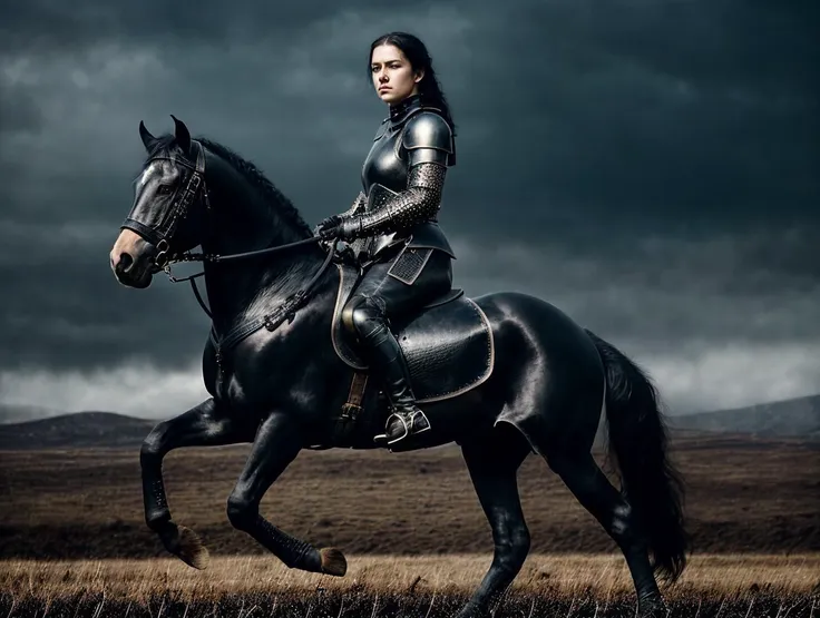 photo of a (sks woman:1), riding a medieval war majestichorse, (pale skin:1.2), (black leather armour:1.3), black hair, (highly detailed face:1.4), field, (dark and intense atmosphere), (hyperrealistic details:1.2), (sinister mood:1.1), (foreboding shadows), (captivating composition), (desaturated colors), cinematic lighting, 8k, film grain, <lora:epiNoiseoffset_v2:1>, <lyco:locon_maisie_v1_from_v1_64_32:1.0>, <lyco:locon_majestichorse_v1_from_v1_64_32:1.0>