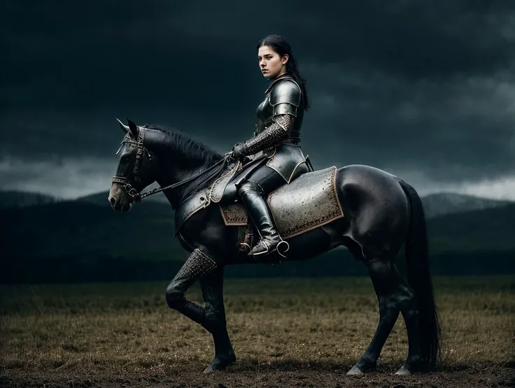 photo of a (sks woman:1), riding a medieval war majestichorse, (pale skin:1.2), (black leather armour:1.3), black hair, (highly detailed face:1.4), field, (dark and intense atmosphere), (hyperrealistic details:1.2), (sinister mood:1.1), (foreboding shadows), (captivating composition), (desaturated colors), cinematic lighting, 8k, film grain, <lora:epiNoiseoffset_v2:1>, <lyco:locon_maisie_v1_from_v1_64_32:1.0>, <lyco:locon_majestichorse_v1_from_v1_64_32:1.0>