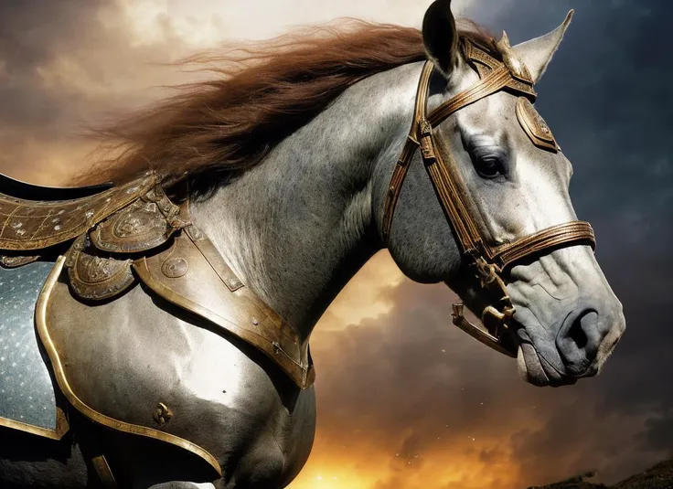 photo of a medieval war majestichorse wearing heavy battle armor, standing on two feet, (charging in the battlefield), epic (photo, studio lighting, hard light, sony a7, 50 mm, hyperrealistic, big depth of field, mate skin, pores, wrinkles, concept art, colors, hyperdetailed, hyperrealistic) <lora:locon_majestichorse_v1_from_v1_64_32:1> <lora:epiNoiseoffset_v2:1> , (epic armor)