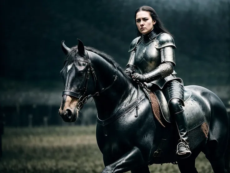 photo of a (sks woman:1), riding a medieval war majestichorse, (pale skin:1.2), (black leather armour:1.3), black hair, (highly detailed face:1.4), field, (dark and intense atmosphere), (dramatic lighting), (hyperrealistic details:1.2), (sinister mood:1.1), (foreboding shadows), (captivating composition), (desaturated colors), cinematic lighting, 8k, film grain, <lora:epiNoiseoffset_v2:1>, <lyco:locon_maisie_v1_from_v1_64_32:1.0>, <lyco:locon_majestichorse_v1_from_v1_64_32:1.0>