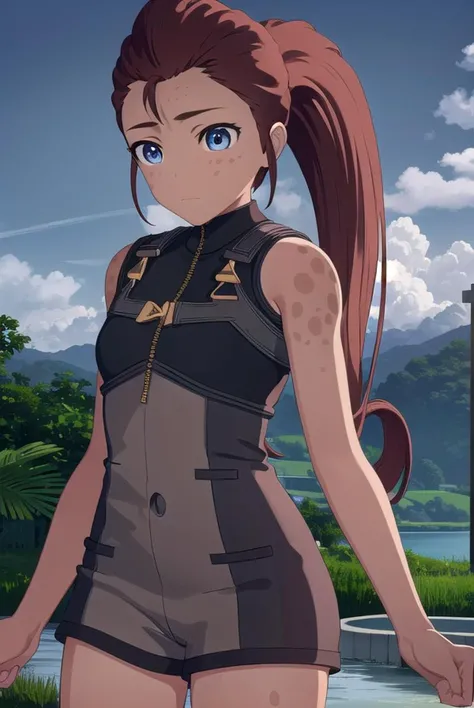 iliaamitola, <lyco:iliaamitola-lyco-nochekaiser:1>,
ilia amitola, long hair, blue eyes, brown hair, ponytail, dark skin, dark-skinned female,
BREAK bare shoulders, bodysuit,
BREAK outdoors, nature, forest, night, sky, moon,
BREAK looking at viewer, (cowboy shot:1.5),
BREAK <lyco:GoodHands-beta2:1>, (masterpiece:1.2), best quality, high resolution, unity 8k wallpaper, (illustration:0.8), (beautiful detailed eyes:1.6), extremely detailed face, perfect lighting, extremely detailed CG, (perfect hands, perfect anatomy),