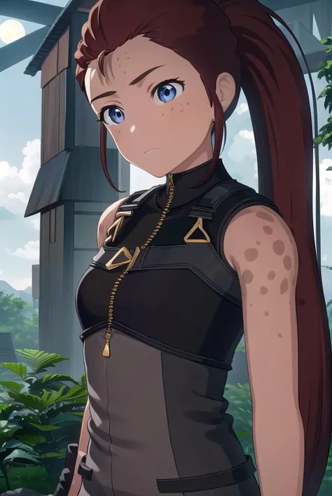iliaamitola, <lyco:iliaamitola-lyco-nochekaiser:1>,
ilia amitola, long hair, blue eyes, brown hair, ponytail, dark skin, dark-skinned female,
BREAK bare shoulders, bodysuit,
BREAK outdoors, nature, forest, night, sky, moon,
BREAK looking at viewer, (cowboy shot:1.5),
BREAK <lyco:GoodHands-beta2:1>, (masterpiece:1.2), best quality, high resolution, unity 8k wallpaper, (illustration:0.8), (beautiful detailed eyes:1.6), extremely detailed face, perfect lighting, extremely detailed CG, (perfect hands, perfect anatomy),