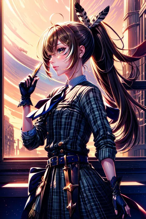 a woman with long hair and a plaid dress holding a knife