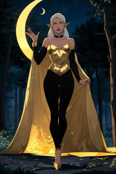 4K,masterpiece,best quality,full body portrait,(flat colors:1.4),cartoon,vibrant colors,((1girl:1.4)),Deedlit,elf,pointy ears,tall female,long legs,(highly detailed gorgeous face:1.4),very long hair,silver hair,star in hair,kind_smile,naughty,(gold eyes:1.4),star in eyes,(highly detailed eyes:1.2),bare legs,
black necklace,white corset,floral print,black pants,high heels,black gloves,gold_ornaments,
light leaks,magical_forest,fantasy,crescent moon,starry background,falcon,(<lyco:Deedlit> Deedlit:1.5),<lora:western_animation_style:1.2>,<lora:Zatara Clothe 1:0.7>,