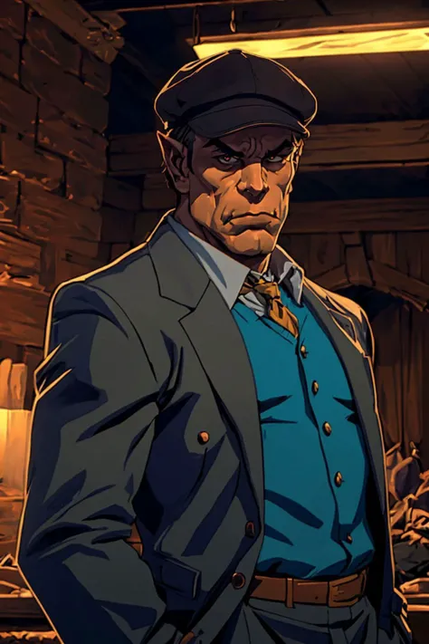 zrpgstyle (AS-Elderly:1.2),Style-DA,looking at viewer,fantasy,1boy at 50 years old,hewoworc,orc,very dark green skin,robust build,6'7'' tall,intimidating,weathered and rough skin,wrinkles,black-framed eyewear,chiselled jawline,piercing eyes,intense gaze,dark brown eyes,weary eyes,short and neat dark brown hair with strands of grey,wearing a fitted (three-piece suit and flat cap:1.4),trench coat,cigarette,hand in pocket,upright posture,confident,(masterpiece:1.1),(best quality:1.1),(detailed:1.1),(intricate:1.1),(8k:1.1),(HDR:1.1),(cinematic lighting:1.1),(sharp focus:1.1),<lora:more_details:0.5>,<lora:western_animation_style:1.1>,<lora:coloredSkin-08:0.7>,<lora:sxz-orcs:0.7>,