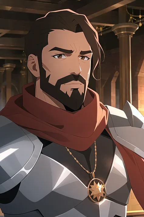 indoors, laboratory, detailed background,
1boy, handsome, male focus, solo, portrait, upper body, beard, brown hair, brown eyes, red scarf, leather armor, pendant, jewelry, black stone,
, ((masterpiece))
<lora:western_animation_style:1>