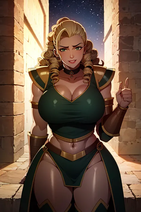 thick thighs,wide hips,huge thighs, muscular female, strong legs,toned abs, cowboy shot, standing, viking godess, (viking armor), skindentation,large breasts, happy, (curly hair:1.2), blonde hair , arm straps,choker,best quality, 1girl, solo, village, night , star sky, looking at viewer,green eyes, armored boots, <lora:western_animation_style:1>