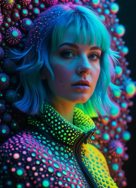 woman wearing Fashion designs inspired by radiolarians <lora:EnvyTrypophobiaXL01:0.4> trypophobia <lora:IOS_Iridescent_opal_style:0.6> <lora:MJ52_XL:0.6>, subsurface scattering, Photorealistic, Hyperrealistic, analog style, realistic, film photography, soft lighting, heavy shadow, Ombre color scheme of neon pink, neon blue, neon yellow, neon green, neon orange,