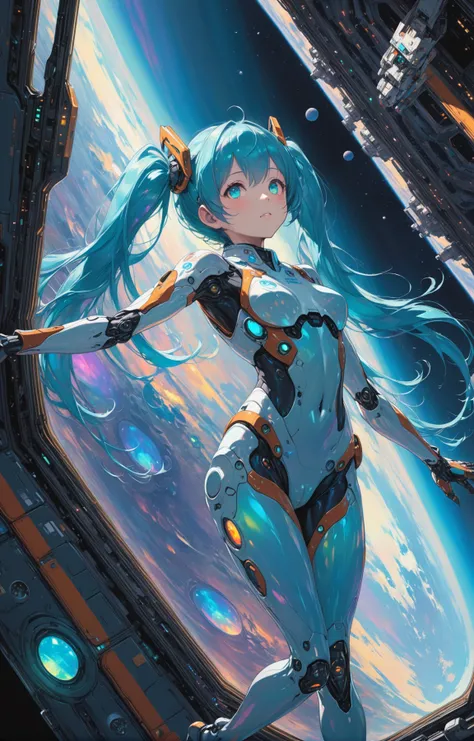 <lora:IOS_Iridescent_opal_style:0.6>, racing miku, [woman:robot joints:0.6], [armpits:mecha:0.5], [evangelion:cyberpunk edgerunners:0.5], [lens flare:opal:06], intricate detail, cinematic lighting, amazing quality, amazing shading, reflective transparent iridescent opaque plugsuit, long transparent iridescent RGB hair, absurdly long hair, twintails, Detailed Illustration, official artwork, wallpaper, official art, extremely detailed eyes and face, beautiful detailed eyes, On a space station, zero gravity, floating, John_Berkey, ((masterpiece, best quality)), ((from behind, looking back at viewer)), upper body, (thigh gap), ass visible through thighs, leaning, sachin teng