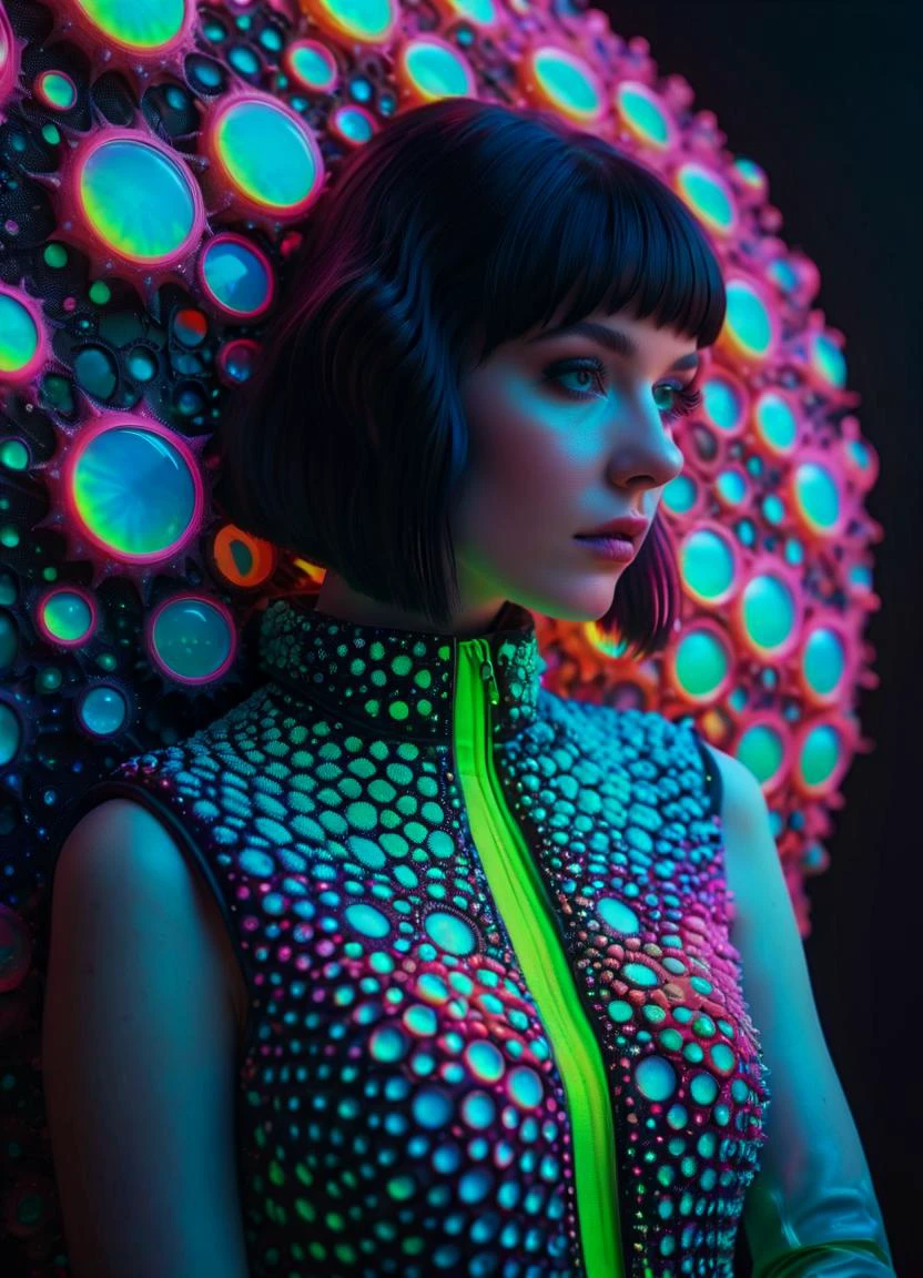 woman wearing Fashion designs inspired by radiolarians <lora:EnvyTrypophobiaXL01:0.4> trypophobia <lora:IOS_Iridescent_opal_style:0.6> <lora:MJ52_XL:0.6>, subsurface scattering, Photorealistic, Hyperrealistic, analog style, realistic, film photography, soft lighting, heavy shadow, Ombre color scheme of neon pink, neon blue, neon yellow, neon green, neon orange,