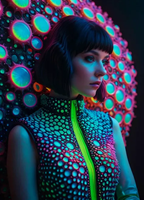 woman wearing Fashion designs inspired by radiolarians <lora:EnvyTrypophobiaXL01:0.4> trypophobia <lora:IOS_Iridescent_opal_style:0.6> <lora:MJ52_XL:0.6>, subsurface scattering, Photorealistic, Hyperrealistic, analog style, realistic, film photography, soft lighting, heavy shadow, Ombre color scheme of neon pink, neon blue, neon yellow, neon green, neon orange,