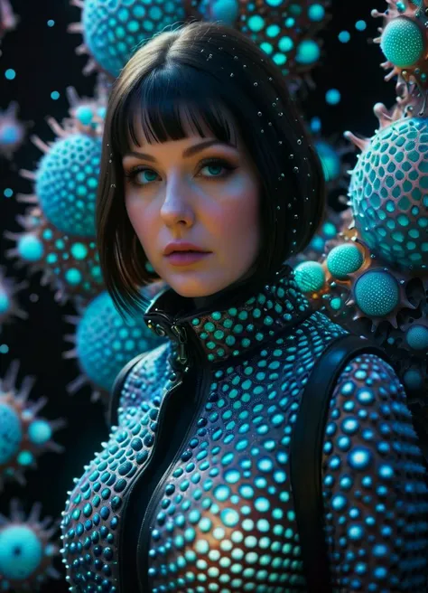 woman wearing Fashion designs inspired by radiolarians <lora:EnvyTrypophobiaXL01:0.4> trypophobia <lora:IOS_Iridescent_opal_style:0.6> <lora:MJ52_XL:0.6>, subsurface scattering, Photorealistic, Hyperrealistic, analog style, realistic, film photography, soft lighting, heavy shadow