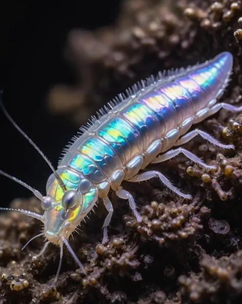 Cosplay Photograph, Pearlescent and Lavender Silverfish, Foggy, Canon EF, 800mm lens, <lora:IOS_Iridescent_opal_style:0.7> iridescent opal style