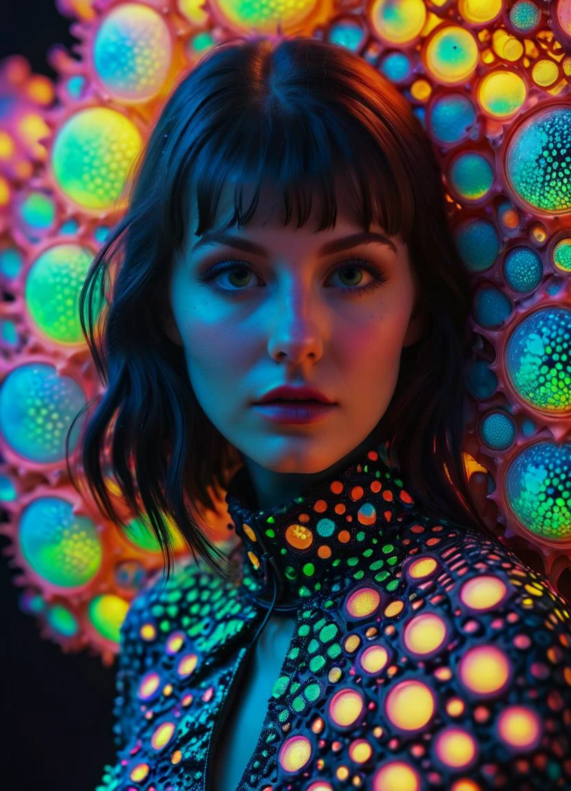 woman wearing Fashion designs inspired by radiolarians <lora:EnvyTrypophobiaXL01:0.4> trypophobia <lora:IOS_Iridescent_opal_style:0.6> <lora:MJ52_XL:0.6>, subsurface scattering, Photorealistic, Hyperrealistic, analog style, realistic, film photography, soft lighting, heavy shadow, Ombre color scheme of neon orange, neon pink, neon blue, neon yellow, neon green,