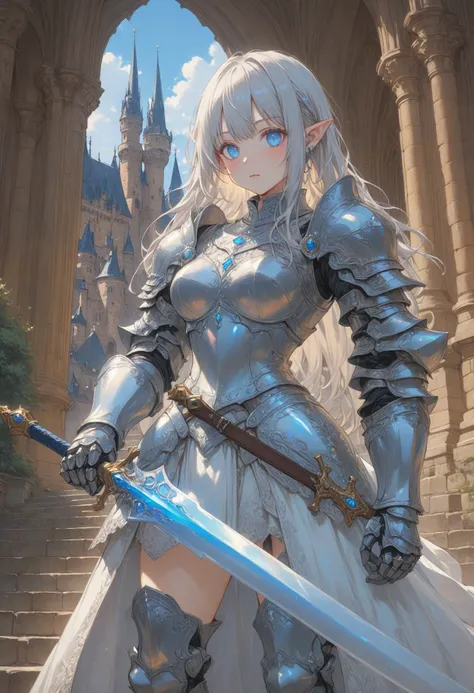 1girl, girl knight, blunt bangs, hime cut, pointy ears, [pearl:opal:0.5], very aesthetic, masterpiece, best quality, hyper detailed, ultra detailed, UHD, perfect anatomy, on the steps of Hohenzollern Castle,
sword, dazzling ,transparent, waving sword, burnished silver, steel armor, shine armor, dazzling armor,
detailed Illustration, official artwork, wallpaper, official art, extremely detailed eyes and face, beautiful detailed eyes, blue eyes,
<lora:FantasyKnightsHKStyle:0.4>, HKStyle,
<lora:Final_Fantasy_Tactics_XLv2:0.4>,
<lora:add-detail-xl:0.75>,
<lora:quality1:0.75>,
<lora:extremely_detailed:0.6>, extremely detailed,
<lora:IOS_Iridescent_opal_style:0.4>