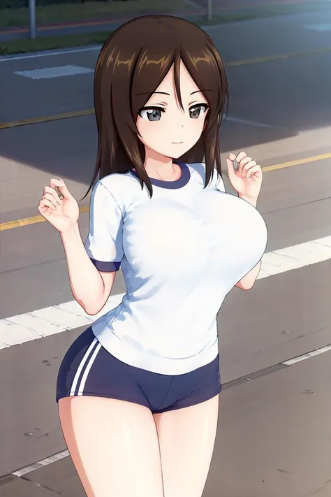 masterpiece,best quality, 1girl,solo, girls und panzer,nonna, swept bangs, large breasts, standing at the track in the school, gym shirts, gym bloomer, Japanese bloomers <lora:Nonna:0.6>
