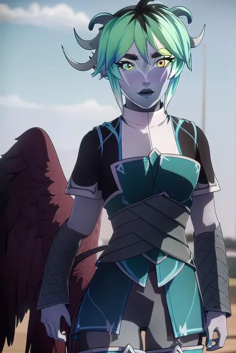 naimiselarinykantia, <lora:naimi selari nykantia-lora-nochekaiser:1>,
naimi selari nykantia, short hair, black hair, (yellow eyes:1.3), multicolored hair, green hair, horns, two-tone hair, aqua hair, makeup, colored skin, (heterochromia:1.5), blue eyes, grey skin, blue skin,
BREAK thighhighs, wings, cape, armor,
BREAK outdoors,
BREAK looking at viewer, (cowboy shot:1.5),
BREAK <lyco:GoodHands-beta2:1>, (masterpiece:1.2), best quality, high resolution, unity 8k wallpaper, (illustration:0.8), (beautiful detailed eyes:1.6), extremely detailed face, perfect lighting, extremely detailed CG, (perfect hands, perfect anatomy),