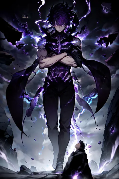 (masterpiece, best quality, ultra detailed,8k), earthquake, (purple lightning, purple storm) 1man, (brave,mad,upset), (muscular, trained, sturdy body), (black) short hair, purple eyes, suit, black pants, solo, crossed arms, overpower, (falling rocks, rocks shower), <lora:model\sd1.5\SungJinwoo.safetensors:0.9500000000000001:0.9500000000000001>