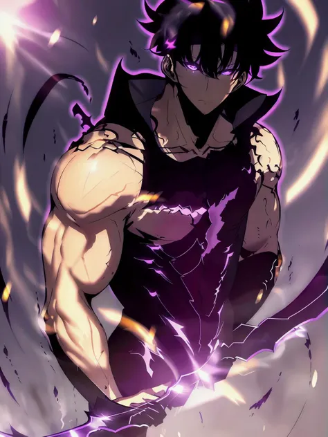<lora:SungJinwoo:1>1man,1boy,muscualr,black hair,purple eyes, trained, suit