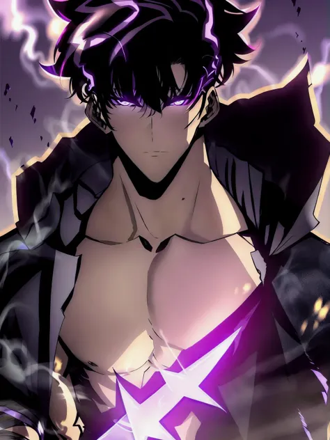 <lora:SungJinwoo:1>1man,1boy,muscualr,black hair,purple eyes, trained, suit