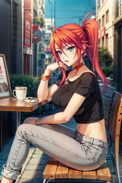 masterpiece, best quality, <lora:inase_kohane-10:0.7>, inasekohane_tk, 1girl, solo, long hair, breasts, looking away, window, blue eyes, large breasts, hand on chin, black shirt, jewelry, red hair, choker, midriff, pants, side ponytail, bracelet, sitting, table, coffee, cafe, street, city, sky, clouds, full body, from side,