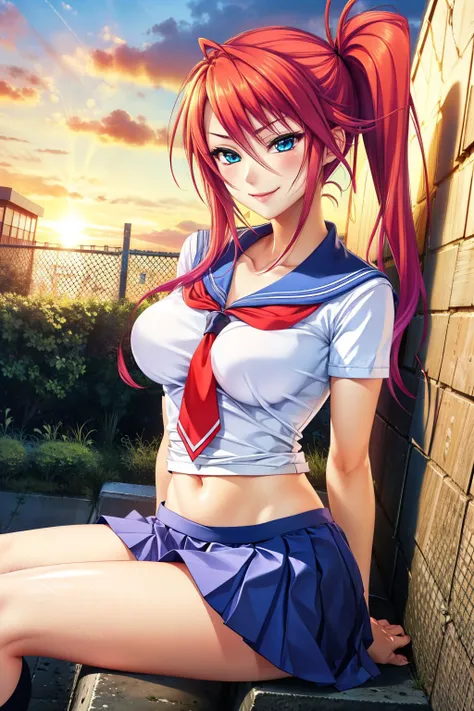 masterpiece, best quality, <lora:inase_kohane-10:0.7>, inasekohane_tk, 1girl, solo, long hair, breasts, smile, blue eyes, skirt, large breasts, shirt, navel, hair between eyes, sitting, school uniform, collarbone, white shirt, short sleeves, red hair, pleated skirt, outdoors, necktie, serafuku, midriff, shiny, miniskirt, sailor collar, shiny hair, side ponytail, blue skirt, neckerchief, floating hair, red necktie, blue sailor collar, red neckerchief, sunset, fence, sailor shirt, chain-link fence, rooftop, dusk