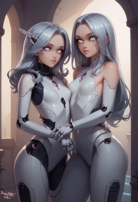 score_9, score_8_up, score_7_up, 2 girls, 18 year old robot girls, pinup pose, cute pose, hands sensually touching each others body, spaceship hallway ((robot body)), proud, small breasts, (big lips:0.6), metal body, android, cyber cloths, silver accents, rim lighting, long hair, solo, lineart, full color, cowboy shot, glowing eyes, glowing lines on body, petite body, seductive look on face, perfect face, beautiful face, face and breast focus