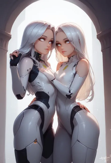 score_9, score_8_up, score_7_up, 2 girls, 18 year old robot girls, pinup pose, cute pose, hands sensually touching each others body, spaceship hallway ((robot body)), proud, small breasts, (big lips:0.6), metal body, android, cyber cloths, silver accents, rim lighting, long hair, solo, lineart, full color, cowboy shot, glowing eyes, glowing lines on body, petite body, seductive look on face, perfect face, beautiful face, face and breast focus