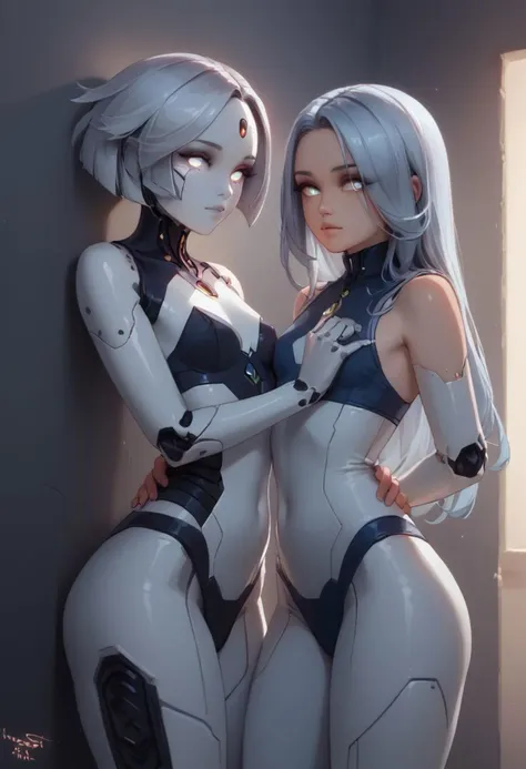 score_9, score_8_up, score_7_up, 2 girls, 18 year old robot girls, pinup pose, cute pose, hands sensually touching each others body, spaceship hallway ((robot body)), proud, small breasts, (big lips:0.6), metal body, android, cyber cloths, silver accents, rim lighting, long hair, solo, lineart, full color, cowboy shot, glowing eyes, glowing lines on body, petite body, seductive look on face, perfect face, beautiful face, face and breast focus