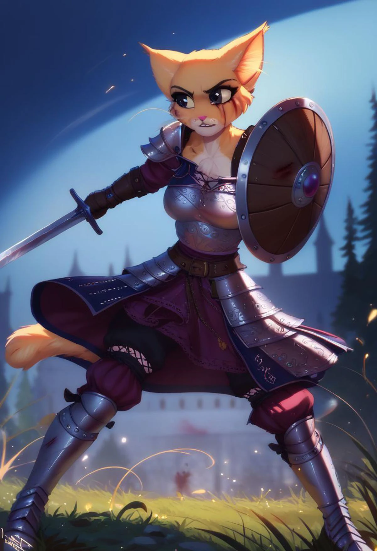 score_9, score_8_up, score_7_up, score_6_up, score_5_up, score_4_up, outdoors, night, moonlight, medieval, fantasy, BREAK
personalamistyle, 1girl, solo, female, katia managan, cat girl, furry, black eyes, solid circle pupils, sword, swinging sword, shield, medieval armor, fighting, action scene, bruised, bloody
