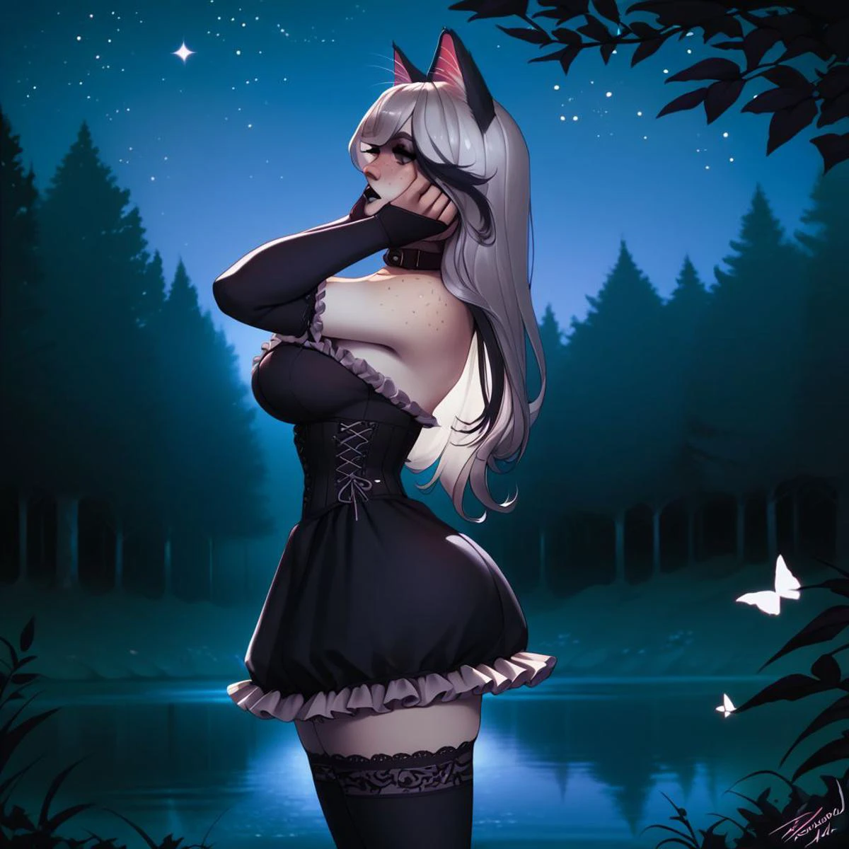 score_9, score_8_up, score_7_up, Expressiveh,
pale skin, large cat ears, purple eyes, grey hair, white highlights in hair, black fringe, black lipstick, eye liner, eye shadow, black nail polish, large breasts, big ass, freckles, bow in hair, long hair,
frilly dress, black corset dress, collar, black laced elbow gloves, laced thigh highs,
dark forest, night time, stars, trees, river,
side view,
standing, arched back, hands on cheeks, bent elbows, breasts hanging out of dress,