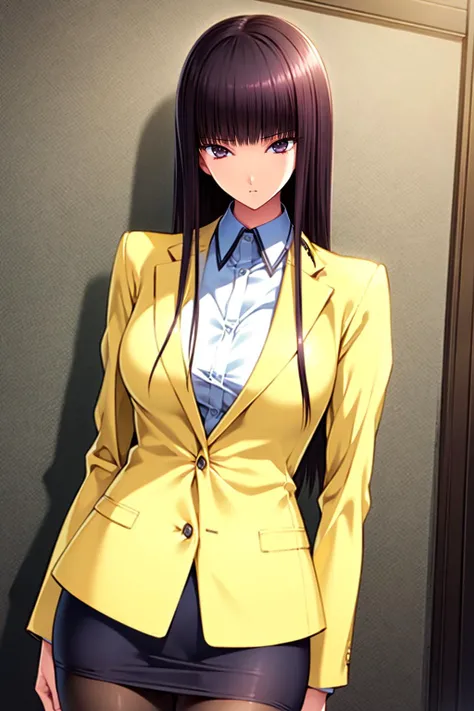 1girl, solo, yellow jacket,long sleeves, white shirt, pencil skirt, pantyhose, collared shirt, Black_Hair,Black_Eyes,blunt bangs, long hair, closed jacket, expressionless, cowboy shot, <lora:Sonobe_Sora_NingenDebris-KK77-V1:0.7>