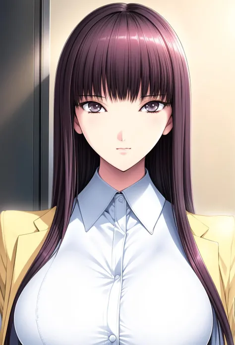 Simple White Background,
Yellow jacket,long sleeves, white shirt, collared shirt,
<lora:Sonobe_Sora_NingenDebris-KK77-V1:0.7>,
Black_Hair,Black_Eyes,blunt bangs, long hair,
<lora:Oda_Non_Style-KK77-V2:0.3>,<lora:more_details:0.1>,
1 girl, 20yo,Young female,Beautiful Finger,Beautiful long legs,Beautiful body,Beautiful Nose,Beautiful character design, perfect eyes, perfect face,expressive eyes,perfect balance,
looking at viewer,(Focus on her face),closed mouth, (innocent_big_eyes:1.0),(Light_Smile:0.3),
official art,extremely detailed CG unity 8k wallpaper, perfect lighting,Colorful, Bright_Front_face_Lighting,White skin,
(masterpiece:1.0),(best_quality:1.0), ultra high res,4K,ultra-detailed,
photography, 8K, HDR, highres, absurdres:1.2, Kodak portra 400, film grain, blurry background, bokeh:1.2, lens flare, (vibrant_color:1.2),professional photograph,
(Beautiful,large_Breasts:1.4), (beautiful_face:1.5),(narrow_waist),